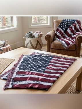 The NORTHWEST CO VTG 90s American flag tapestry throw blanket 57 x 43 USA-MADE